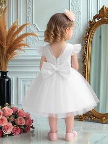 Baby Girls Ruffle Flutter Sleeve Backless Bow Mesh Cute Simple Wedding Flower Girl Princess Dress, Suitable For 1st Birthday Party, Banquet, Excludes Headband - White - View 2