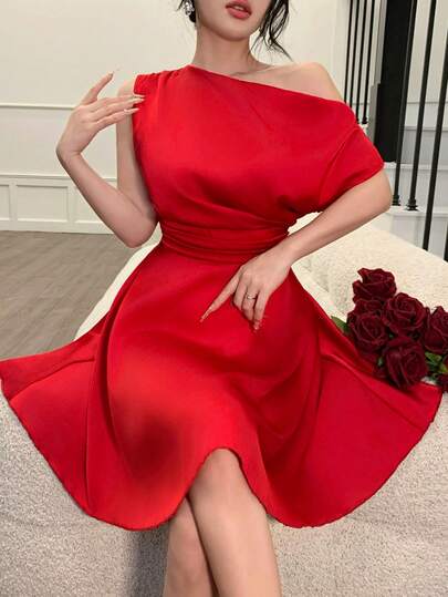 abyoxi Women's Red, Elegant Sexy One Shoulder Asymmetric Neck, Sleeveless Ruffle Hem Satin Mini Dress With Cinched Waist Ruched Design, Sexy Romantic, Party, Date, Wedding, New Year, Spring Festival, Valentine's Day, Spring Summer Short Dresses
