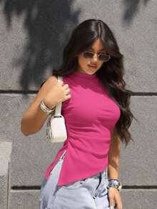 Women's Asymmetrical Tank Top With Ribbed Cuffs And Ruching. - Hot Pink - View 1