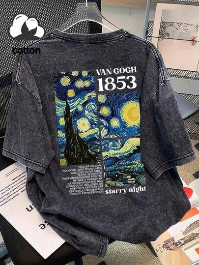 Vintage Van Gogh "Starry Night" Art Print T-Shirt, Van Gogh 1853 Retro Short Sleeve Top, Retro T-Shirt, Crew Neck T-Shirt, Essential For Spring/Summer, Lining For Winter, Women's Top, Autumn/Winter, Comfortable Fit, Autumn/Winter Clothing, Everyday Wear