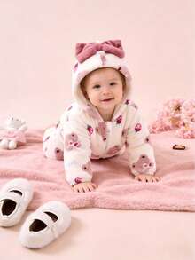 2 件装女婴熊、字母、草莓、星星羊毛连帽上衣和裤子套装，秋冬季温暖休闲日常装 - 白色 - 查看 2