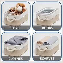 3sizes 1pc Foldable Desktop Storage Basket With Large Capacity And Handle For Toys Organizer, Linen Fabric Storage Basket For Dirty Clothes - White Spelled Khaki - View 4