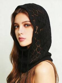 1pc Women's Fashion Knitted Hooded Neck Warmer, Drawstring Balaclava Hat, Versatile For Commuting