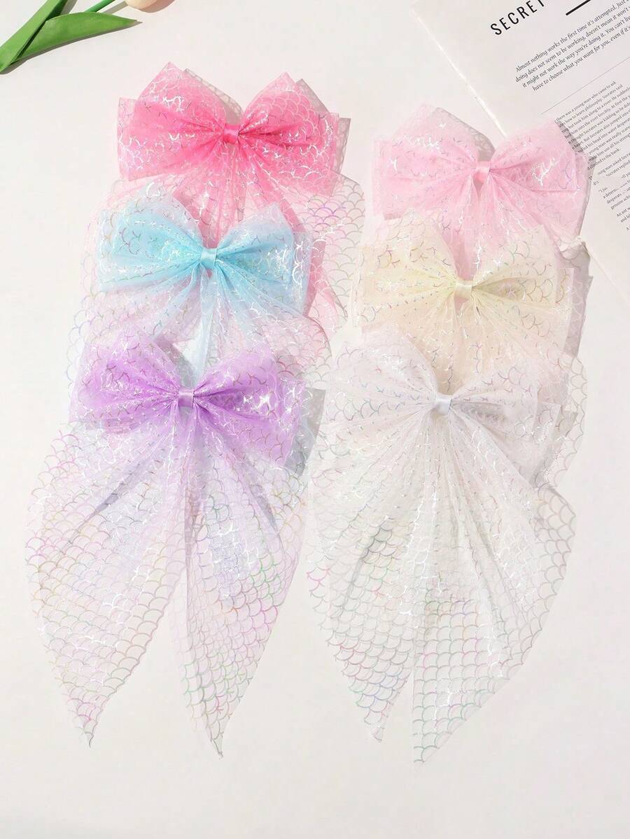 6pcs Girls' Versatile Mesh Bow Hair Clips, Suitable For Daily Use - Multicolor - View 1