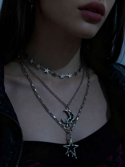 3 st Y2K Streetwear Chic Girl Sweet Drip Oil Star Moon Silver Star Paljettkedja Halsband Set