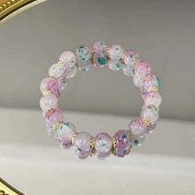 1Pc Pink Purple And Blue Smudged Round Beads With Gold Ornamental Bracelet, Suitable For Mother's Day, Graduation Season, Thanksgiving And Christmas Celebrations, Suitable For Daily Wear And Gift Giving. - 預設 - 查看 3