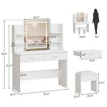 Tocador con Espejo con Luz, Set de Maquillaje con Toma de Corriente, Banquito Acolchonado, Mesa Tocador con 6 Repisas de Almacenaje, 2 Cajones Grandes y Luz de Tres Tonos con Brillo Ajustable - Blanco - Ver 4