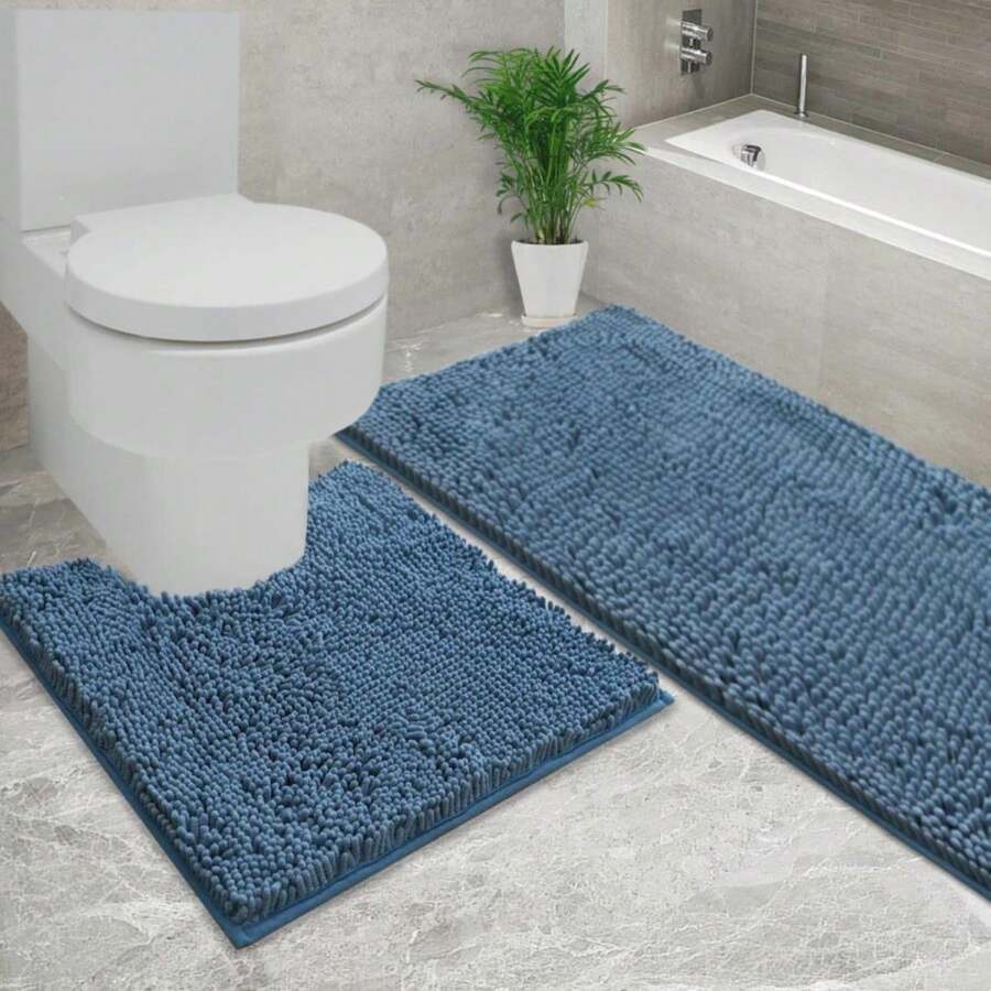 AINAHYVA Bathroom Rug Sets 2 Piece, Super Absorbent Bath Mat, Strong PVC Non Slip Backing, Bath Mat For Bathroom, Plush Shaggy, Thick, Machine Washable, Bathtub, Toilet.(59"X24"+20"X20"U, Medium Blue) - ColorK - 查看 1