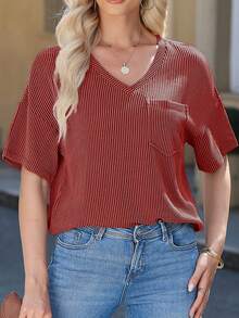 CILKOO Women's Loose Twist Pocket V-Neck Casual Short Sleeve T-Shirt, Spring/Summer - Burgundy - View 6