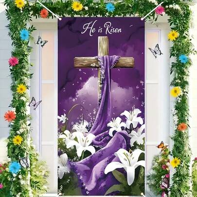 1 2D Door Flag, Easter Celebration Party Door Flag, With A Shiny "He's Back", Polyester Flower, Front Porch Party Flag With Cross Pattern, Suitable For Indoor/Outdoor Holiday Decoration Easter Carnival Theme, No Electricity, Seasonal Home Decor