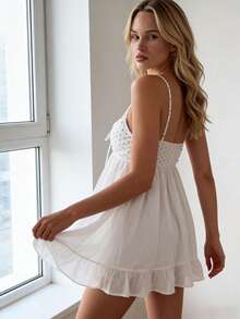 Women's Polka Dot Print Tie Up Sleeveless Ruffled Hem A-Line Spaghetti Strap Mini Dress Parties And Dates Wear Beach Vacation Outfits Women - trắng - Xem 5