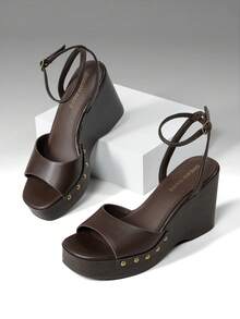 Women's Wedge Sandals 3.94inch Platform Square-Toe Dressy Ankle Buckle Studded Fashion Elegant Sandals Summer Coffee Brown Shoes - 咖啡棕 - 查看 1