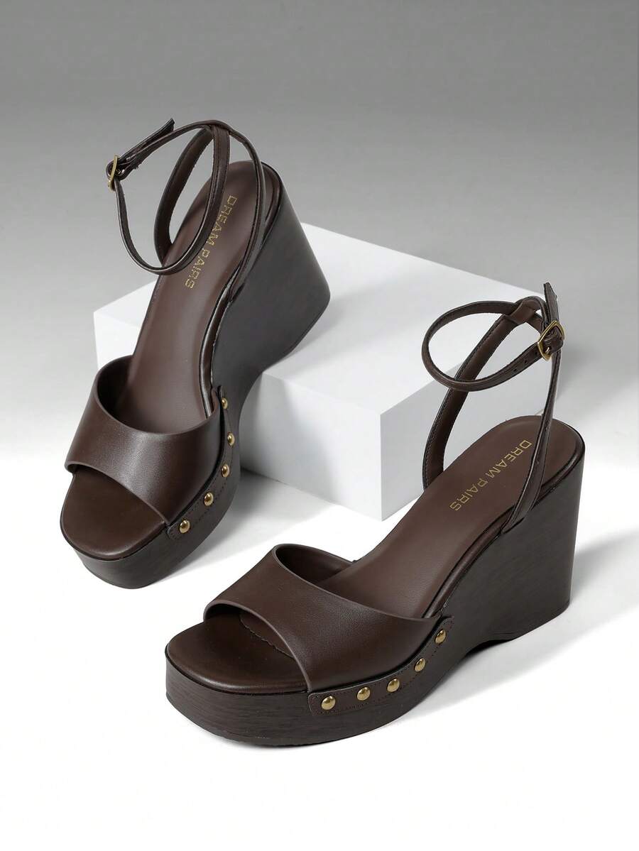 Women's Wedge Sandals 3.94inch Platform Square-Toe Dressy Ankle Buckle Studded Fashion Elegant Sandals Summer Coffee Brown Shoes - 咖啡棕 - 查看 1
