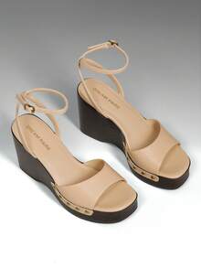 Women's Wedge Sandals 3.94inch Platform Square-Toe Dressy Ankle Buckle Studded Fashion Elegant Sandals Summer Apricot Shoes - 杏色 - 查看 6