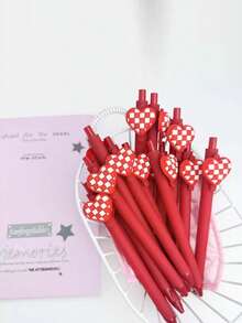 6支随机创意可爱爱心主题按动式圆珠笔，适合情人节、学校、校园使用 - 紅色 - 查看 5