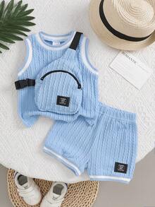 3pcs/Set Infant/Toddler Boys' Summer Ribbed Trim Knit Solid Color Tank Top, Shorts And Crossbody Bag, Casual Stylish Outfit - Blue - View 2