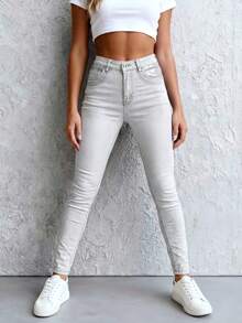 Women's Trousers With Zipper, Ripped Details, Boyfriend Style, Skinny Jeans, Autumn Jeans, Stretchy, Button Pockets, Everyday Wear. - Light Gray - View 1