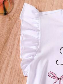 2pcs Girls Casual Round Neck Letter & Bow Print Ruffle T-Shirt, Knit Top And Flare Pants Set, Suitable For Home And Outings, Flare Pants Set - Pink - View 3