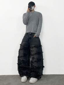 1件 Infinite Jeans 美国街头时尚男士拼接宽松舒适阔腿牛仔裤，四季皆宜的百搭牛仔裤（产品不含腰带和配饰） - 黑色 - 查看 3