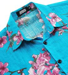 Men's Flower Casual Button Down Short Sleeve Hawaiian Shirt - Xanh Hồng - Xem 4
