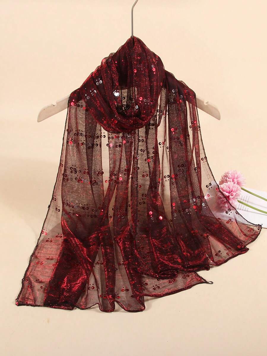 1条女士轻薄纯色双波点亮片头巾，适合所有季节，中东风情头巾，装饰围巾，沙滩披肩，日常使用 - 酒紅色 - 查看 1