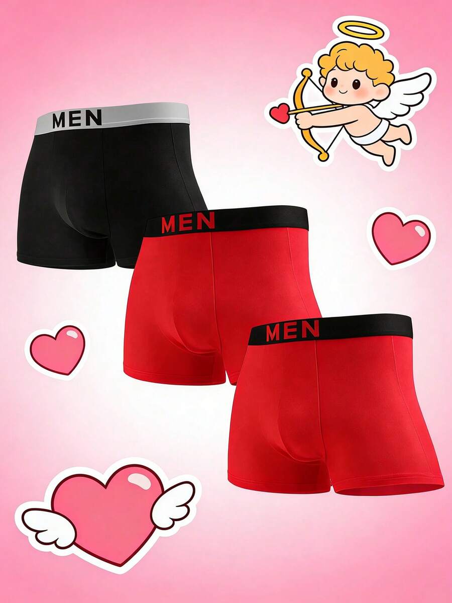 3pcs/Pack Men's Underwear, Letter Belt Solid Color Men's Boxer Briefs, Comfortable Soft Stretchy, Suitable To Pair With Various Men's Casual Plus Size Sweatpants, Suitable For Daily Casual Wear, Can Be Used As Valentine's Day Gift - Multicolor - View 1