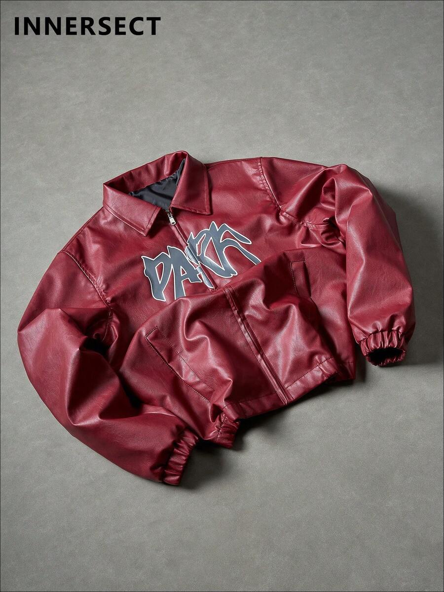 Men's Faux Leather Logo Print Zip-Up Jacket, Streetwear Motorcycle Style Outerwear - Red - View 1