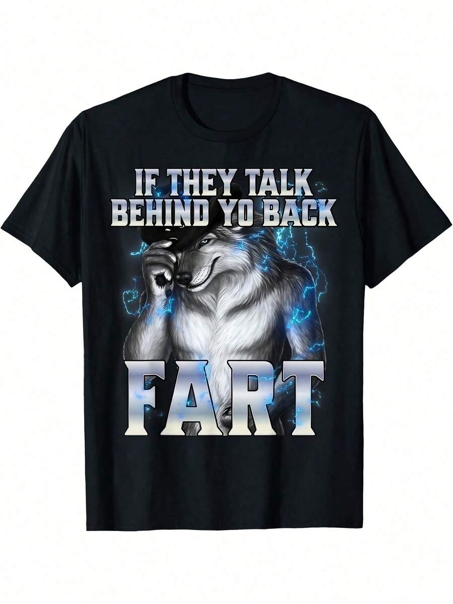 1PC Graphic Wolf Talking Behind Your Back Fart Design Women's Tshirts Plus Size - Đen 3 - Xem 1