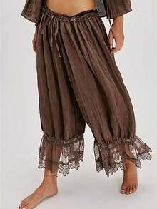Women Lace Trim Long Bloomers Elastic Mid Rise Ruffle Pantaloons Cropped Flared Slips Pants Pajama - màu nâu - Xem 5