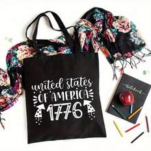 Unisex Heavy-Duty Tote Bag - USA 1776 Patriotic Theme With 1776 Print, Beige/Black Colors, Washable Casual Shoulder Bag Men & Women, Commuting, Travel, Independence Day Events - trắng - Xem 9