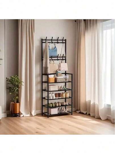 Black Multifunctional Entrance Storage Rack, Clothes And Hat Rack With Hooks, Shoe Cabinet And Bag Rack - Perfect For Home Entrances, Lobbies Or Bedrooms - Durable Plastic Structure, Easy To Assemble.