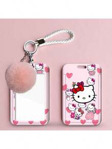 1 PC Hello Kitty Kawaii ID Card Holder With Wrist Strap, Cute Cartoon Bow & Daisy Pattern Hard Case Photocard Holder, Bus Metro Pass Protector For School Office Supplies