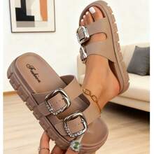 New Solid Color EVA Thick Sole Elevated One-Piece Stable Indoor Home Soft Comfortable Sandals For Women, Adjustable Double Strap Suitable For Students, Outdoor Travel, Beach, Shopping, Hiking, Shock-Absorbing Slippers,Must-Have Outfits For Valentine's Day - 卡其色 - 查看 4