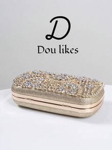 优雅女士水晶装饰晚宴手拿包，奢华闪亮盒形手提包，适合婚礼、庆典、正式场合、派对包、单肩包、斜挎包，完美搭配女士舞会礼服、舞会配饰、亮片礼服、闪亮礼服、优雅女士连衣裙、优雅舞会包，是婚礼派对的理想之选。 - 香檳色 - 查看 5