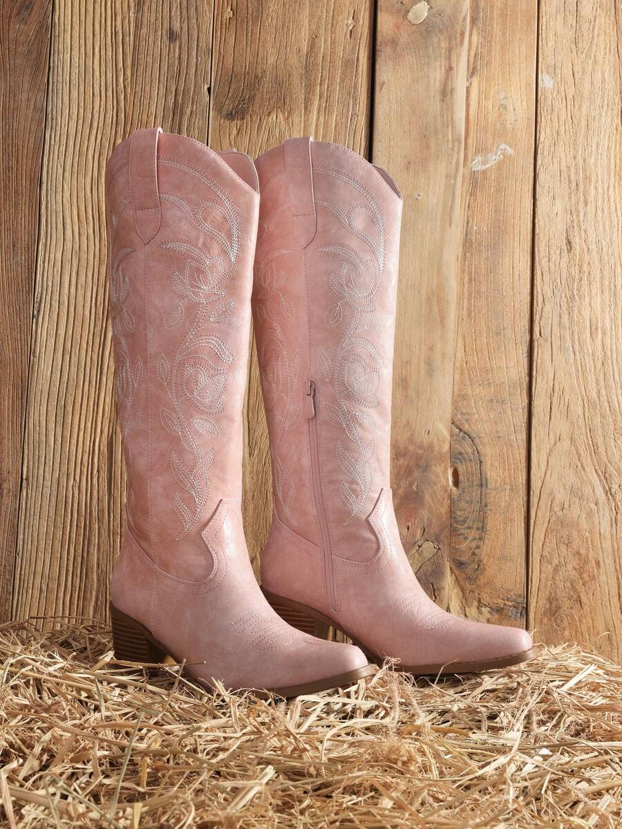 Womens Cowboy Boots Western Comfortable Chunky Heel Square Toe Fashionable Vintage Embroidered Cowgirl Knee High Boots - 粉色 - 查看 1