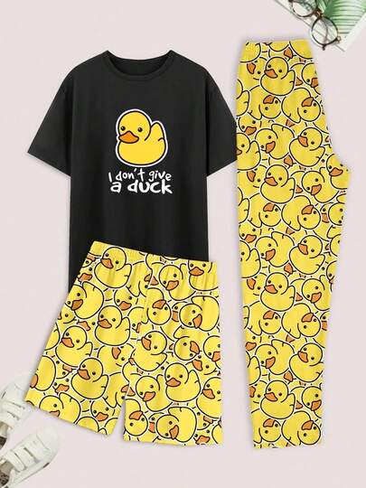 男士睡衣套装，夏季圆领纯色可爱卡通鸭子印花，舒适短袖短裤和长裤家居服