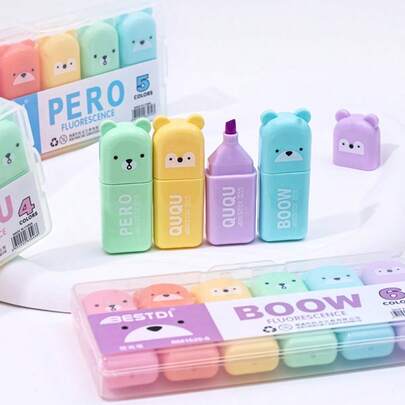 4/5/6 Colors/Set Of Cute Mini Bear Style Highlighter Macaron Colored Slanted Head Marker Pen Kindergarten School Writing Tool, Sent To Children, Classmates, And Mentors. Suitable For Christmas, Teachers' Day, Halloween, Children's Day Gifts