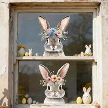 1pc Easter Static Window Cling Floral Bunny Head With Bow And Painted Eggs Design Glass Decoration Sticker Electrostatic No Glue Removable Waterproof PVC Double Sided Visual Decal For Home Kitchen Bedroom Spring Holiday Window Decor Adult Atmosphere - Multicolor - View 2