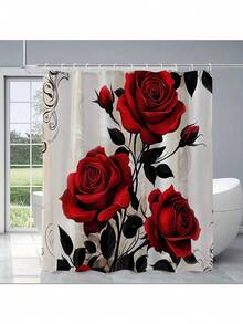 1/4 件套精美玫瑰花浴帘套装，装饰浴室套装，包含印花浴帘、防滑浴垫、马桶盖套、浴室地毯和 12 个塑料挂钩，浴室配件，家居装饰，宿舍装饰，农舍装饰 - 彩色 - 查看 17