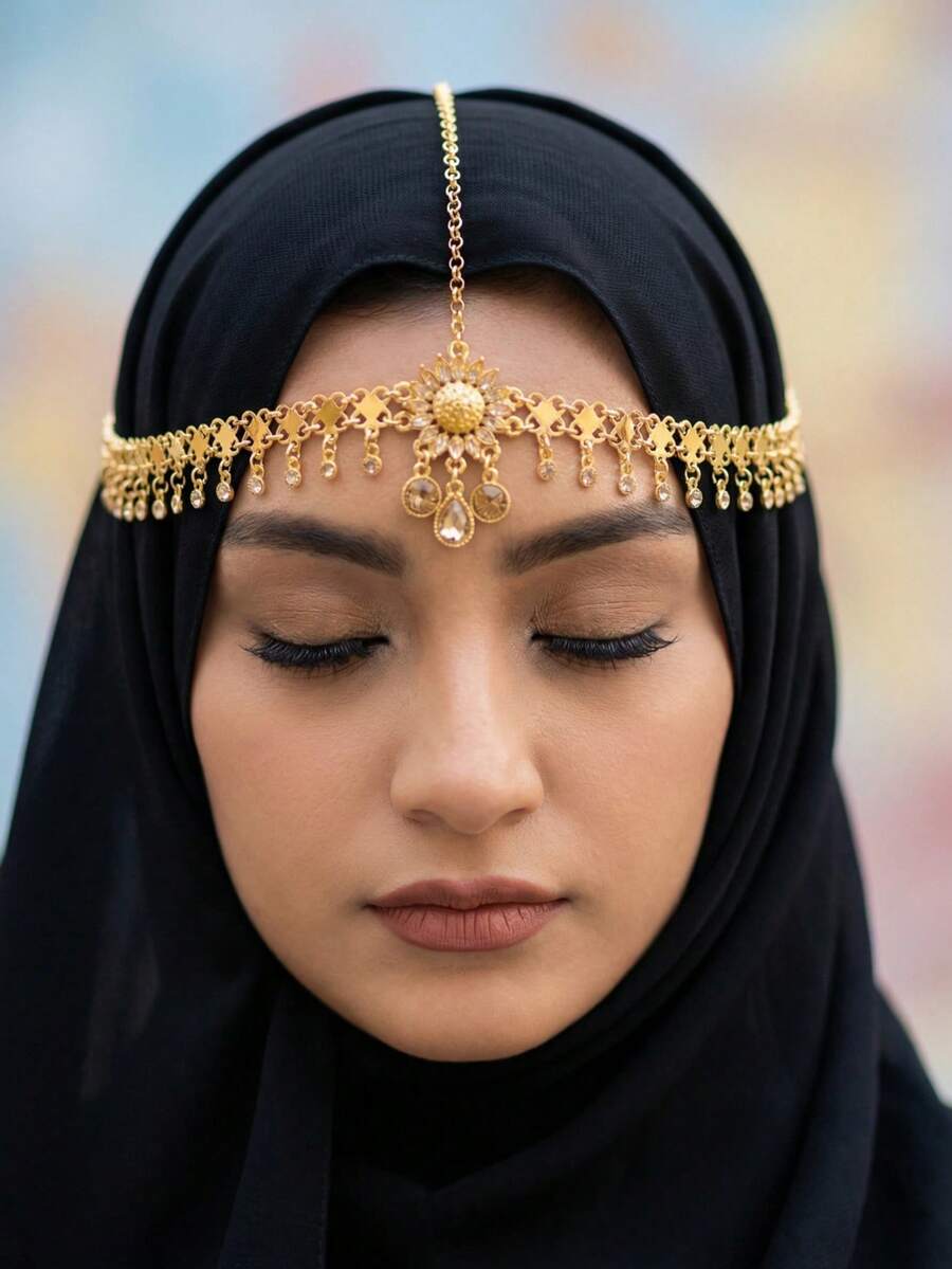 1 pieza Cadena para el cabello de mujer con flor de cristal de imitación, moneda árabe y borla dorada, adecuada para fiestas, reuniones y vestimenta de novia y boda - Dorado - Ver 1