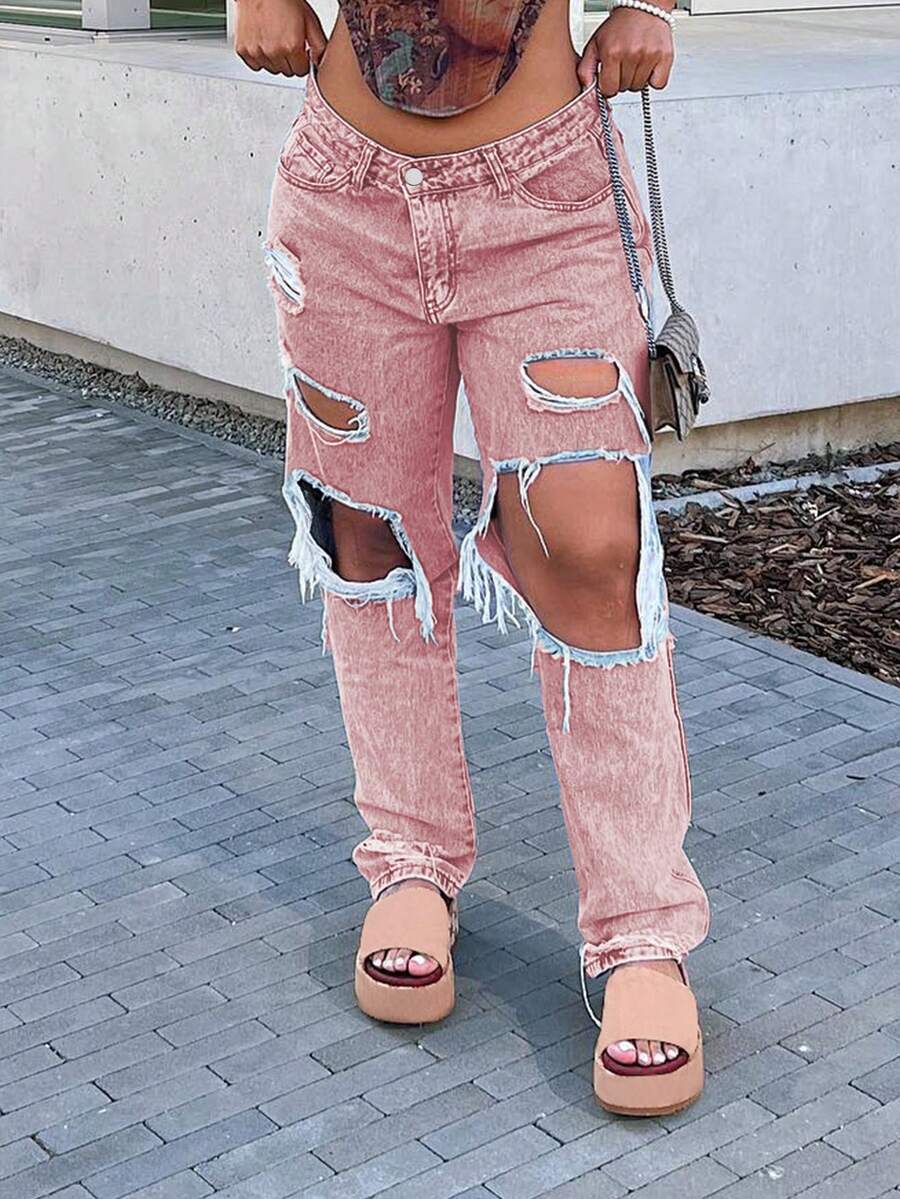 Pink Broken Wide-Leg Jeans Women Spring, Summer And Fall Broken Pocket Design Loose Straight Pants - Pink - View 1