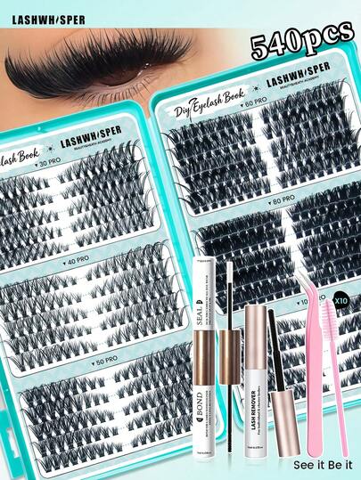 DIY Eyelash Extension Kit - Lash Clusters, Adhesive, Makeup Remover, Tweezers And Brush, Creates Lightweight Natural Look, 9-16mm Mixed Length, D-Curl, Reusable, Suitable For Daily Makeup
