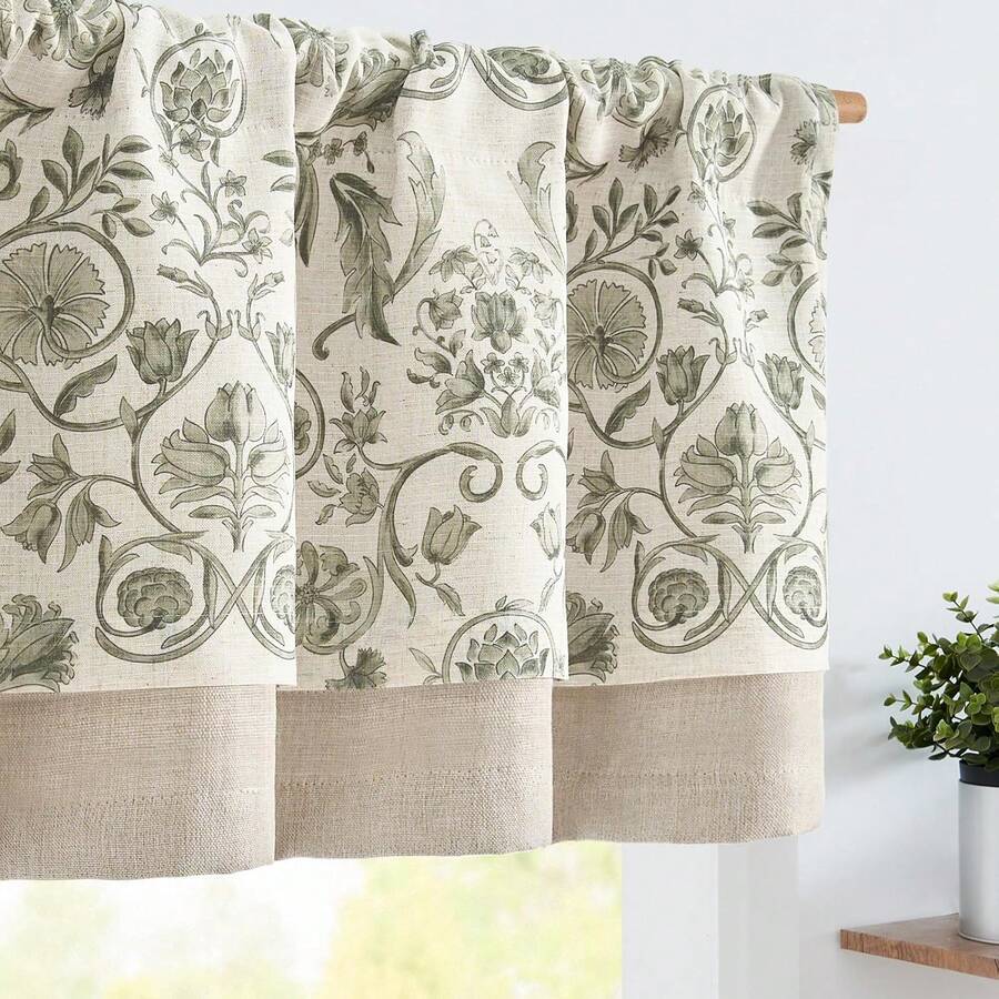 Linen Valance Kitchen Curtain Double Layer 16 Inch Living Room Bedroom Bathroom Window Treatment Blackout Vintage Rustic Farmhouse Cottagecore Rod Pocket 1 Panel On Beige - 復古綠 - 查看 1