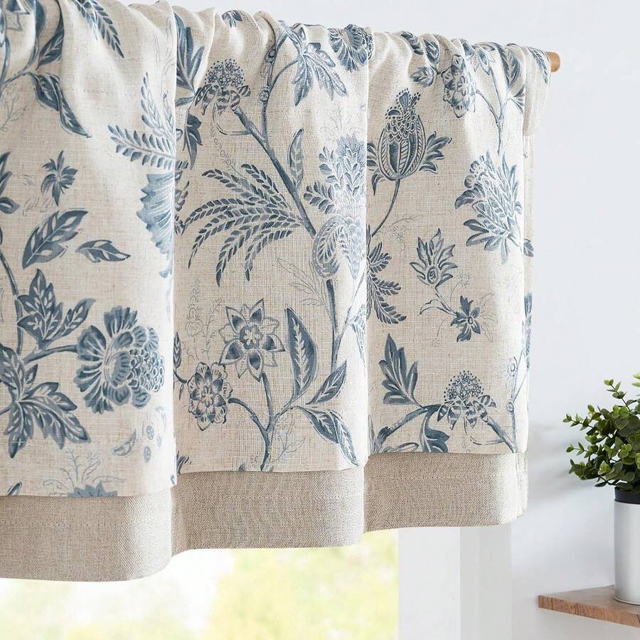 Linen Valance Kitchen Curtain Double Layer 16 Inch Living Room Bedroom Bathroom Window Treatment Blackout Vintage Rustic Farmhouse Cottagecore Rod Pocket 1 Panel On Beige - 雅各賓式 | 藍色 - 查看 1