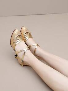 5cm Metallic Gold Ballroom Dance Shoes For Women, Latin Dance Shoes, Sandals, Rubber Sole, Suitable For Indoor And Outdoor, Tango, Waltz, Salsa, Modern Dance, Comfortable And Lightweight, Performance And Dance Hall - Gold - View 2