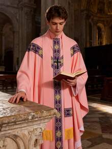 Medieval Priest Robe Cosplay Costume, Loose Fit Printed Long Robe For Halloween, Christmas - Pink - View 2