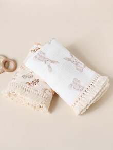 1pc Unisex Soft Gauze Baby Blanket With Bunny/Squirrel Print - Tassel Edge Breathable Stroller Crib Wrap