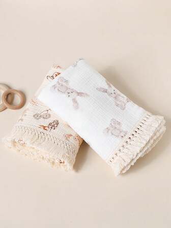 1pc Unisex Soft Gauze Baby Blanket With Bunny/Squirrel Print - Tassel Edge Breathable Stroller Crib Wrap