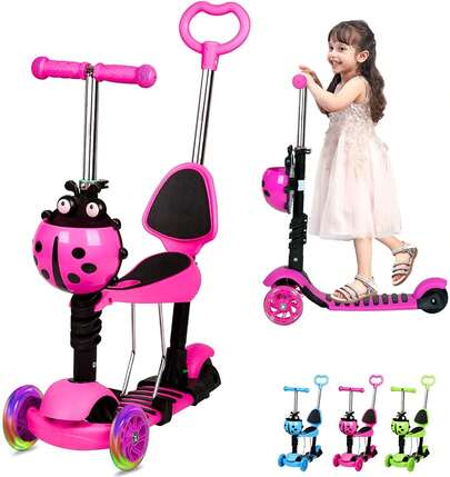 3 Wheel Kids Toddler Scooter For Age 3-8, Kick Scooter With LED Flashing Light Up Wheels, Removable Seat & Adjustable Handlebar, Lightweight Scooters For Toddlers Children Boys And Girls