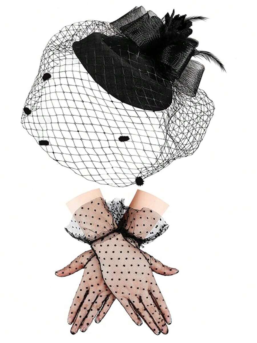 3 件套女士头饰帽子，含蕾丝手套，适合茶会、50 年代复古婚礼头纱和发夹 - 黑色 - 查看 1